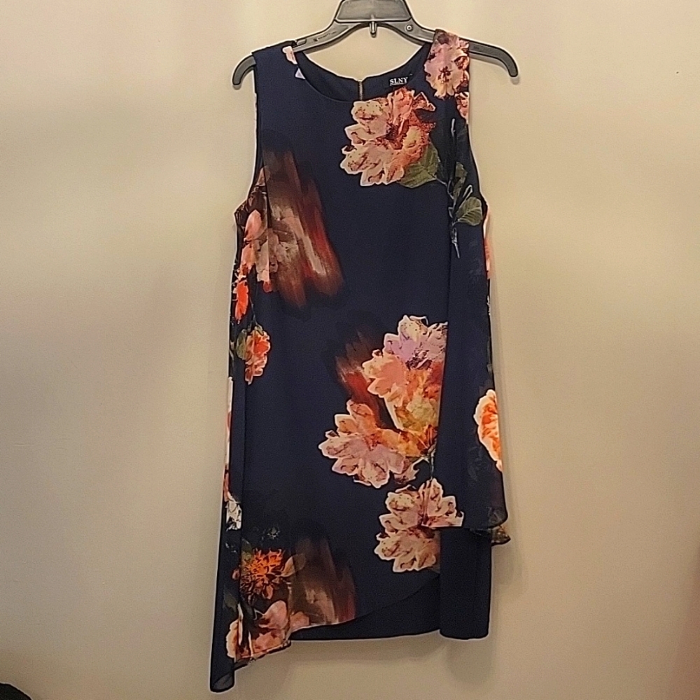 SlNY Womes Size 16 dress flower print overlay attached to blue slip dress